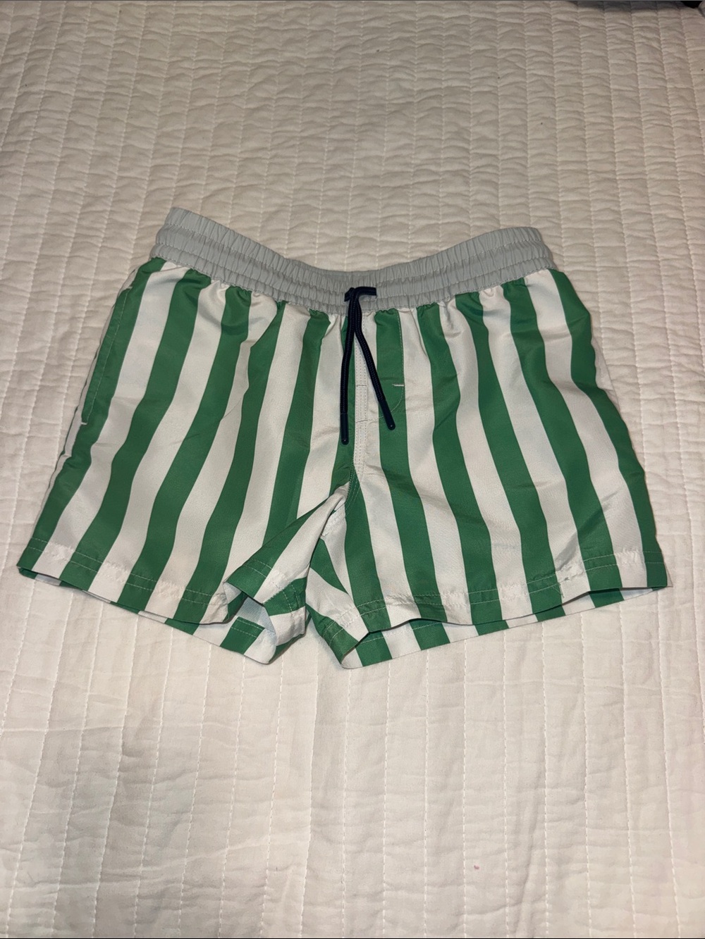 EUC TBBC Green and White stripes and navy detail boys trunks size 6